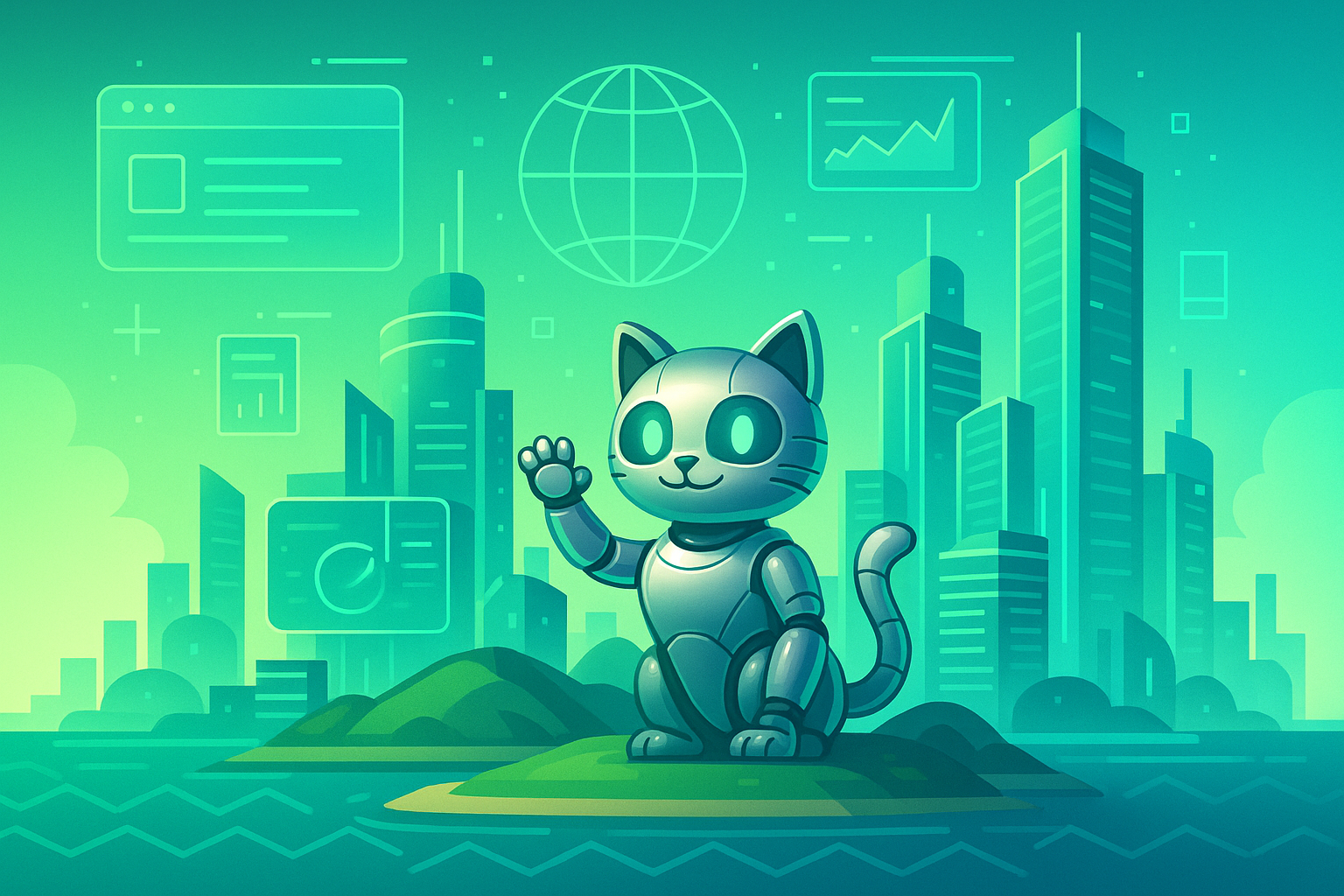 creami un mondo digitale su un isola sui colori dal verde al blu stile moderno con un robot gatto che saluta