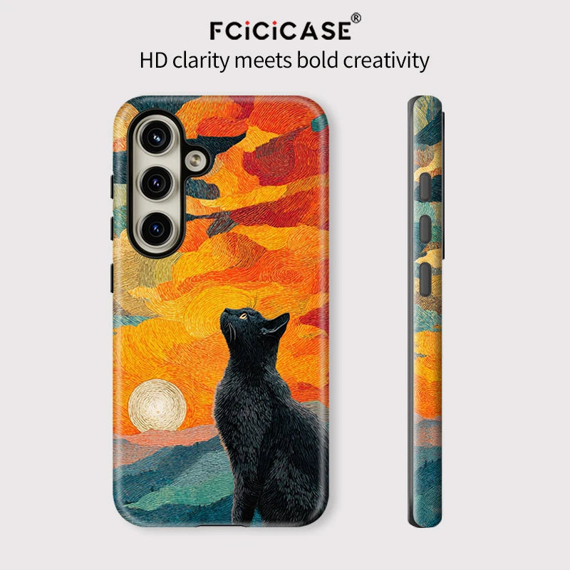 Fcicicase Double-layer Matte Phone Case For Samsung Galaxy A26 A56 A36 A16 5G Cute Black Cat Pattern Shockproof Silicone Cover