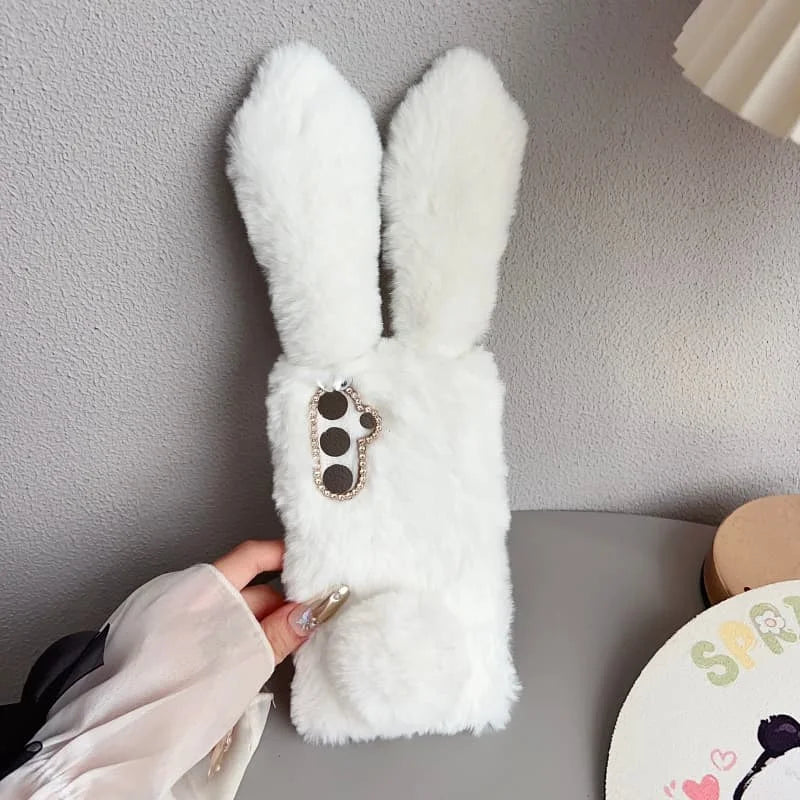 3D Plush Rabbit Case For Samsung Galaxy S25 FE Edge Slim 5G Soft Warm Fur Hair Cover