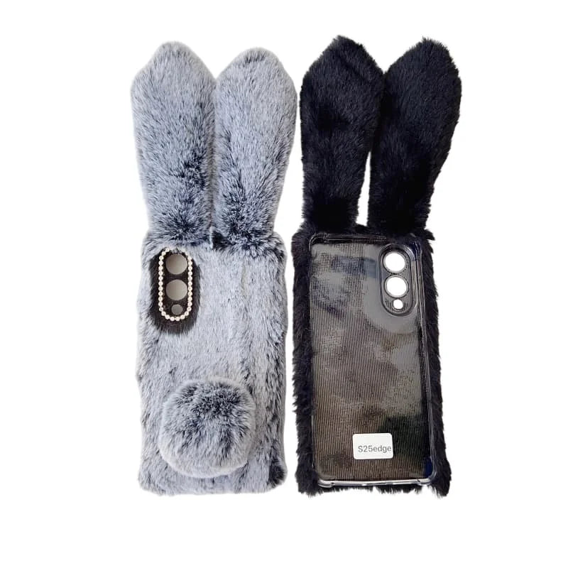 3D Plush Rabbit Case For Samsung Galaxy S25 FE Edge Slim 5G Soft Warm Fur Hair Cover