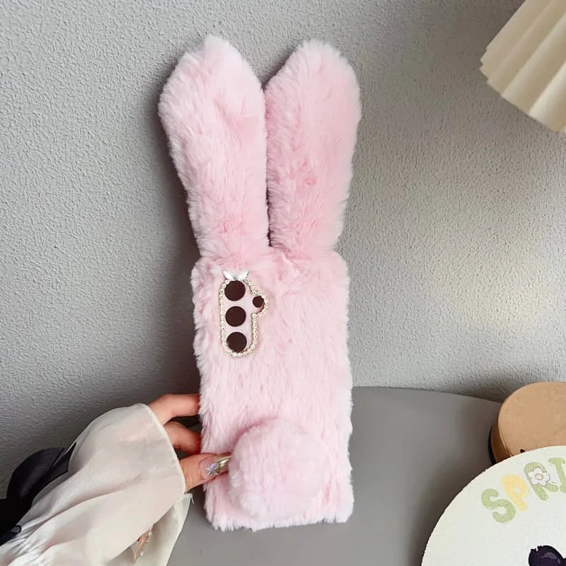 3D Plush Rabbit Case For Samsung Galaxy S25 FE Edge Slim 5G Soft Warm Fur Hair Cover