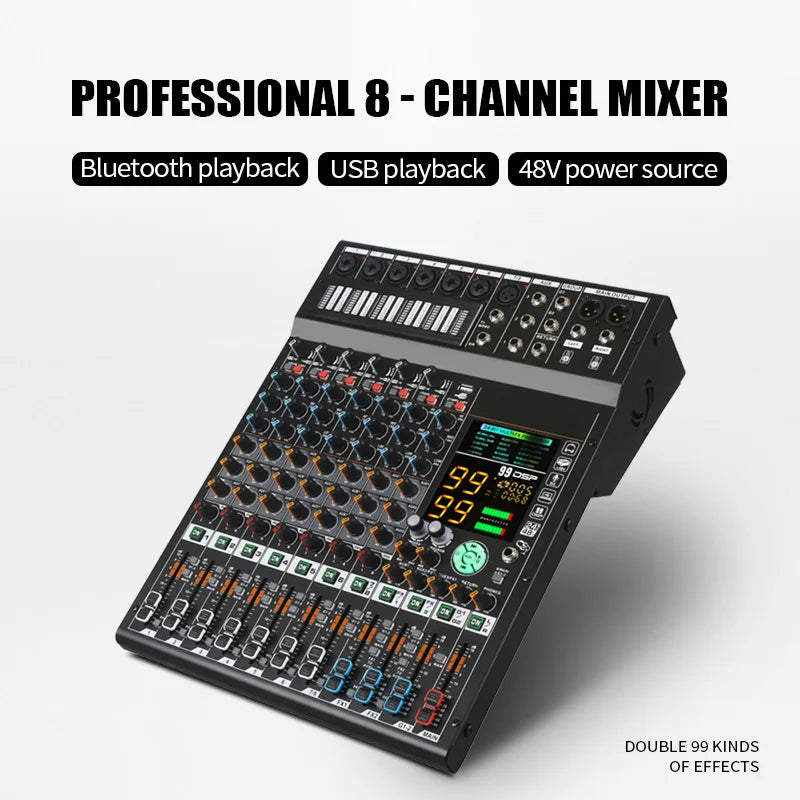 COOYINK 8 Channel Audio Mixer 2*99 DSP 3 Group Aux Send Digital Professional Console Sound Mixer Console with Bluetooth MP3 USB