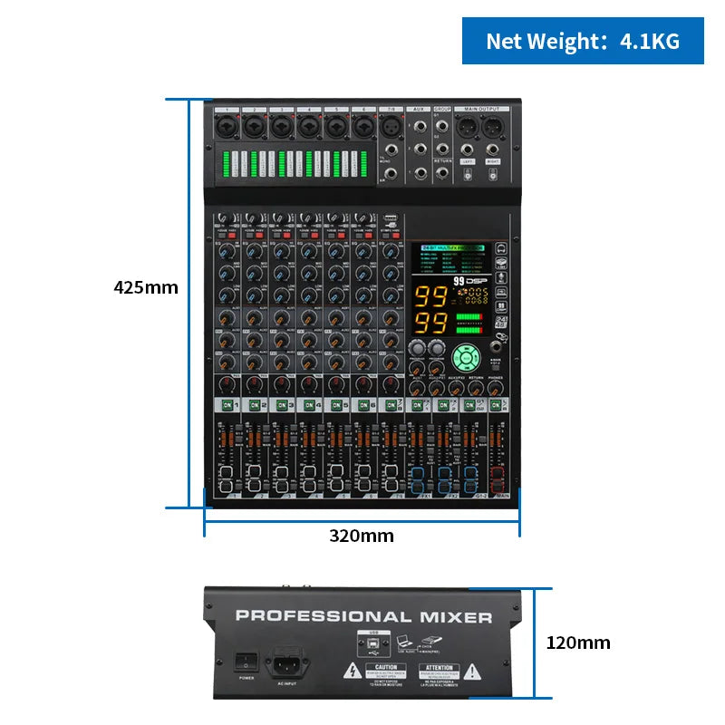 COOYINK 8 Channel Audio Mixer 2*99 DSP 3 Group Aux Send Digital Professional Console Sound Mixer Console with Bluetooth MP3 USB