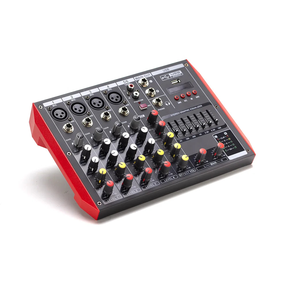 Professional Mixer 6 Channel Bt Digital Mixing Console with Reverb Effect Karaoke USB Live Interface Mixer