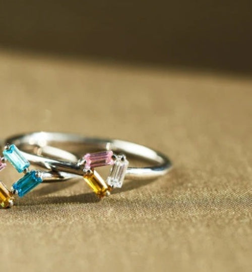 925 Rectangular Birthstone Ring Female Simple Fashion 3-6 Diamond