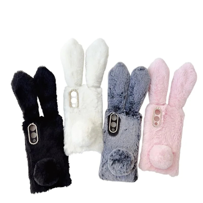 3D Plush Rabbit Case For Samsung Galaxy S25 FE Edge Slim 5G Soft Warm Fur Hair Cover