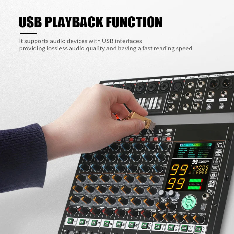COOYINK 8 Channel Audio Mixer 2*99 DSP 3 Group Aux Send Digital Professional Console Sound Mixer Console with Bluetooth MP3 USB