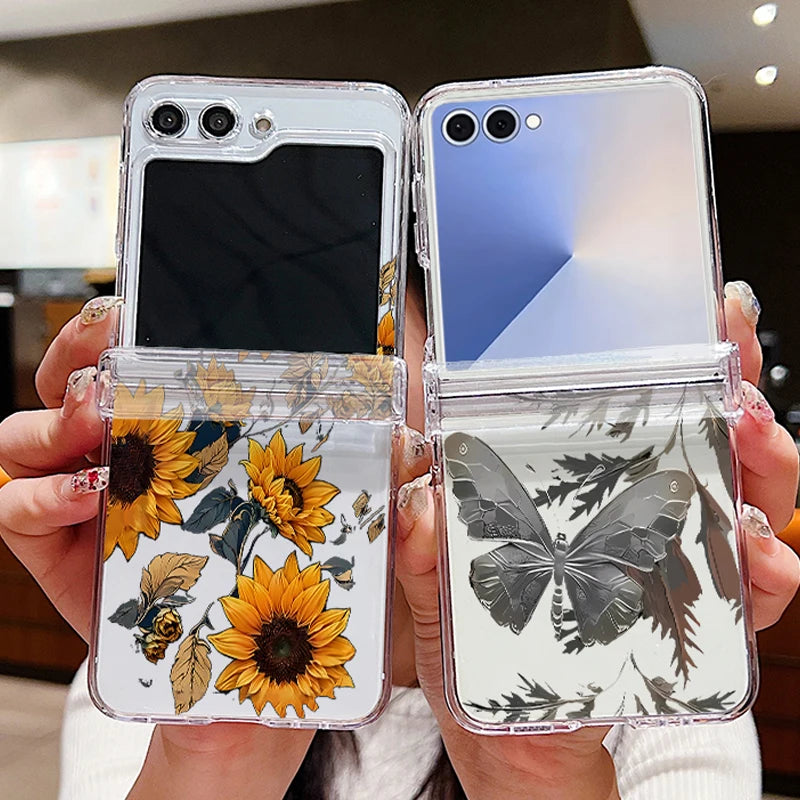 Butterfly Flowers Clear Phone Case For Samsung Galaxy Z Flip 7 FE 6 5 4 3 5G Folding Hard Cover For Samsung Z Flip5 Flip4 Flip3