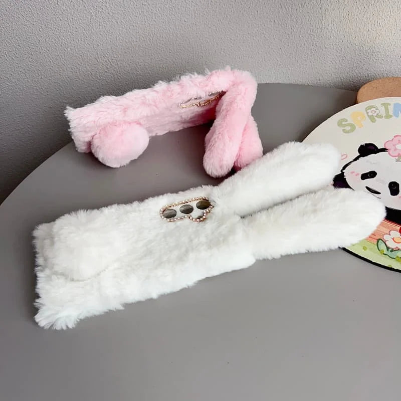 3D Plush Rabbit Case For Samsung Galaxy S25 FE Edge Slim 5G Soft Warm Fur Hair Cover