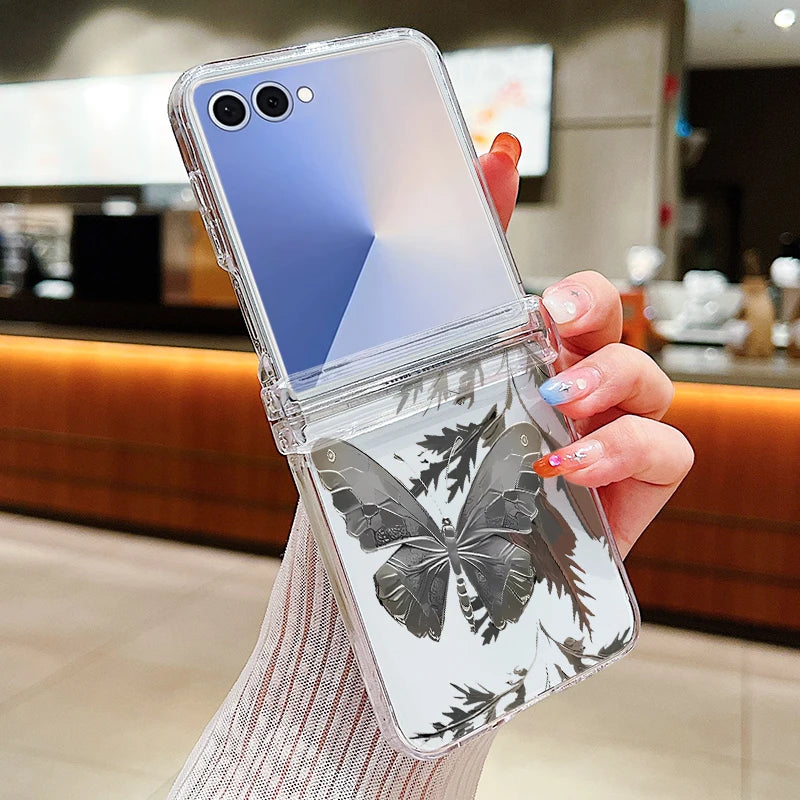 Butterfly Flowers Clear Phone Case For Samsung Galaxy Z Flip 7 FE 6 5 4 3 5G Folding Hard Cover For Samsung Z Flip5 Flip4 Flip3