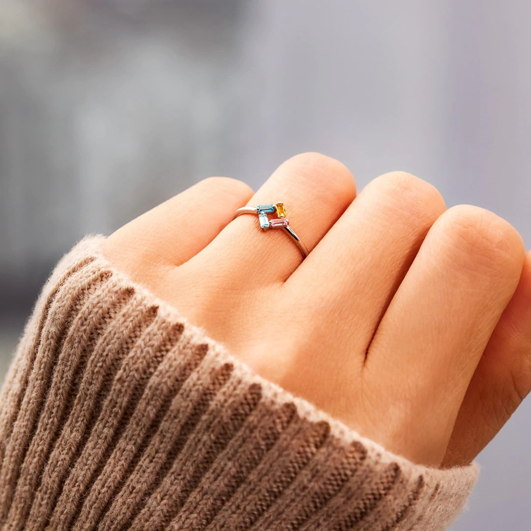 925 Rectangular Birthstone Ring Female Simple Fashion 3-6 Diamond