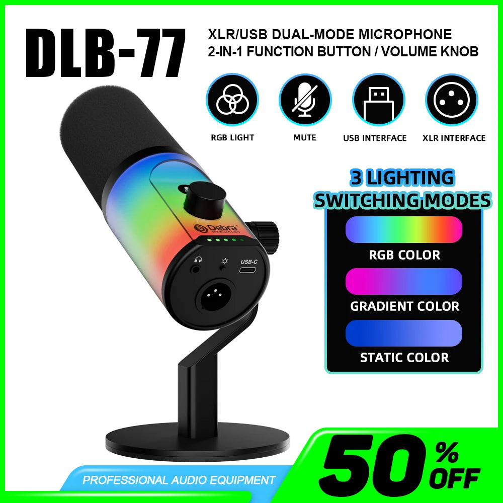 Professional USB XLR Dynamic Microphone with RGB Lights, 3 Recording Modes, Cardioid Condenser Mic for Streaming Podcast Recordi