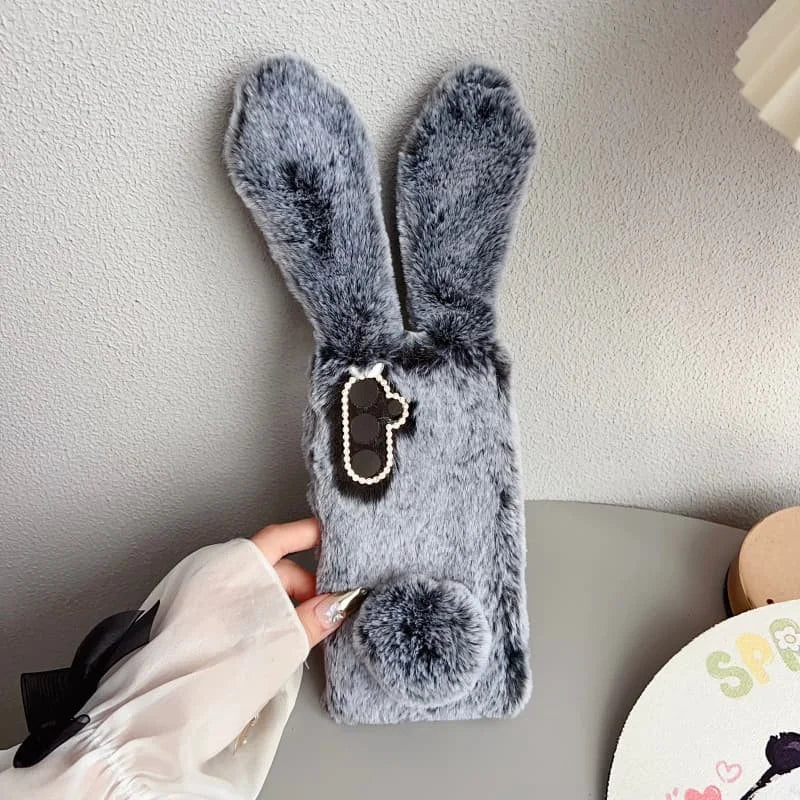 3D Plush Rabbit Case For Samsung Galaxy S25 FE Edge Slim 5G Soft Warm Fur Hair Cover