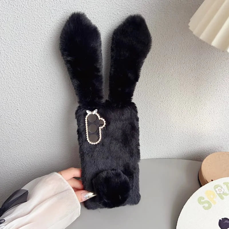 3D Plush Rabbit Case For Samsung Galaxy S25 FE Edge Slim 5G Soft Warm Fur Hair Cover