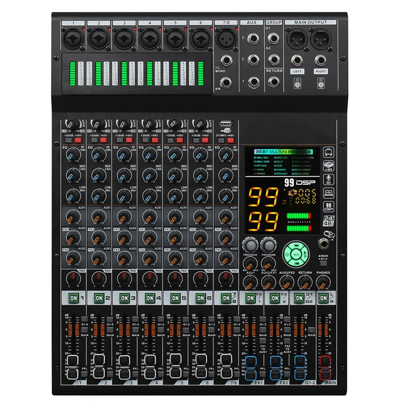 COOYINK 8 Channel Audio Mixer 2*99 DSP 3 Group Aux Send Digital Professional Console Sound Mixer Console with Bluetooth MP3 USB