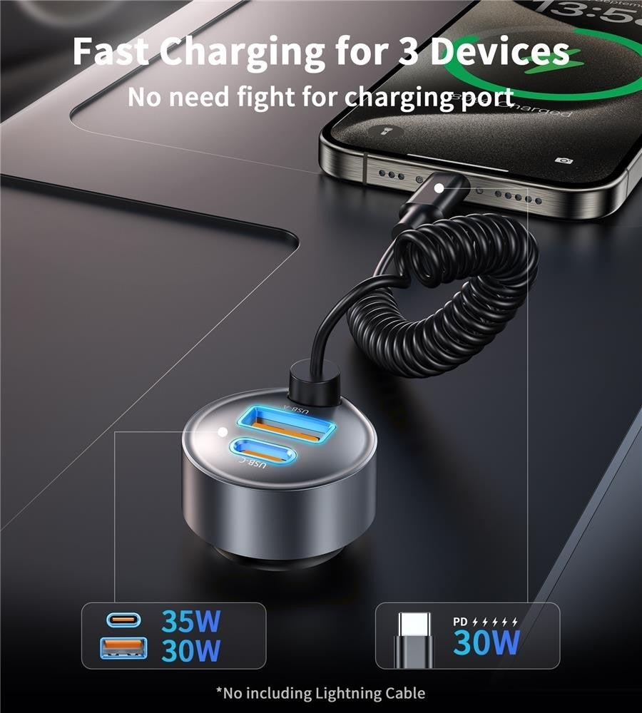 NNEDSZ CHOETECH TC0030 65W 3-Port Fast Car Charger with 3.3ft Type-C Stretchable Cable