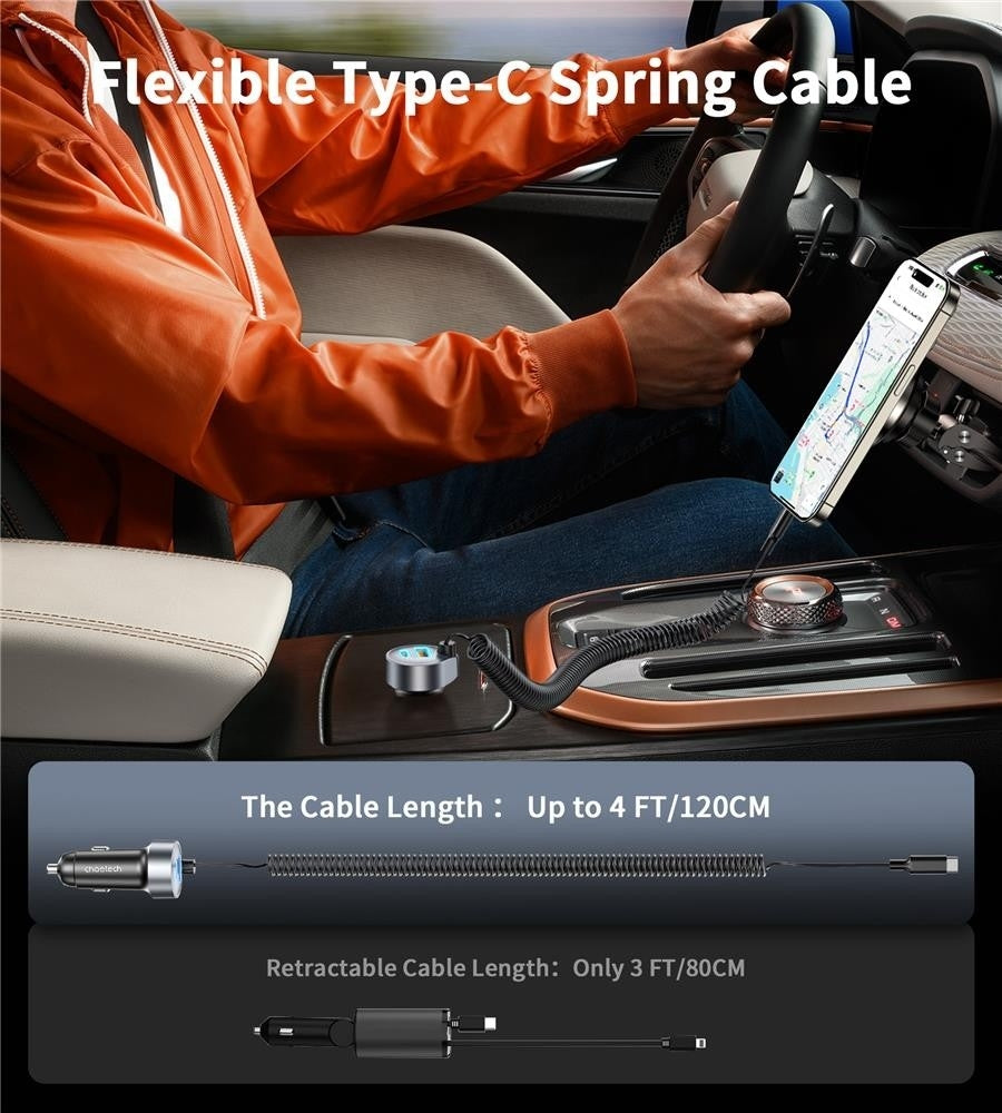 NNEDSZ CHOETECH TC0030 65W 3-Port Fast Car Charger with 3.3ft Type-C Stretchable Cable