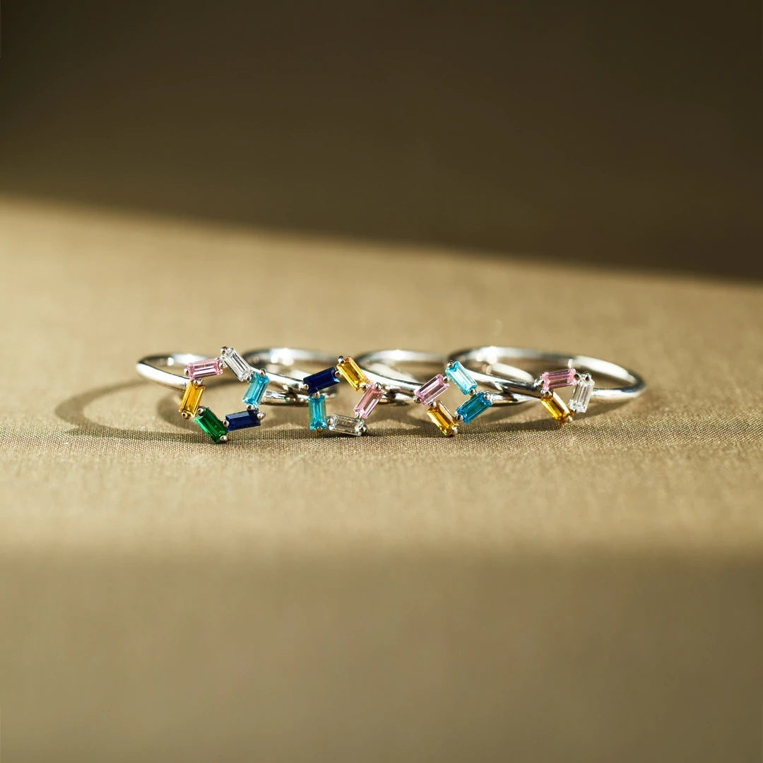 925 Rectangular Birthstone Ring Female Simple Fashion 3-6 Diamond