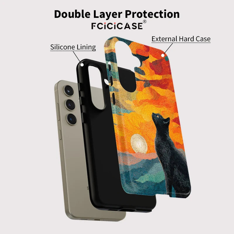 Fcicicase Double-layer Matte Phone Case For Samsung Galaxy A26 A56 A36 A16 5G Cute Black Cat Pattern Shockproof Silicone Cover