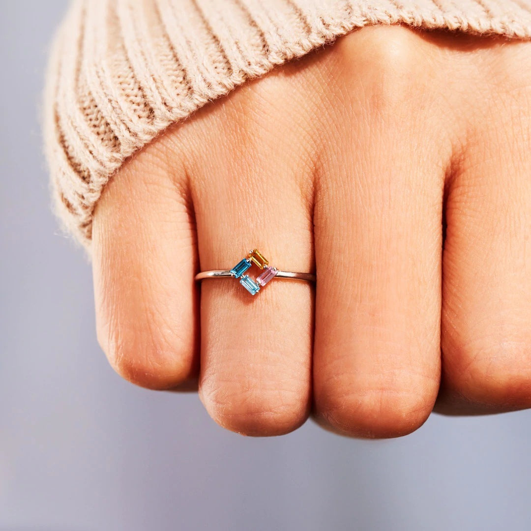 925 Rectangular Birthstone Ring Female Simple Fashion 3-6 Diamond