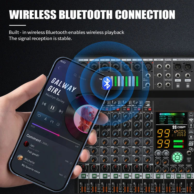 COOYINK 8 Channel Audio Mixer 2*99 DSP 3 Group Aux Send Digital Professional Console Sound Mixer Console with Bluetooth MP3 USB