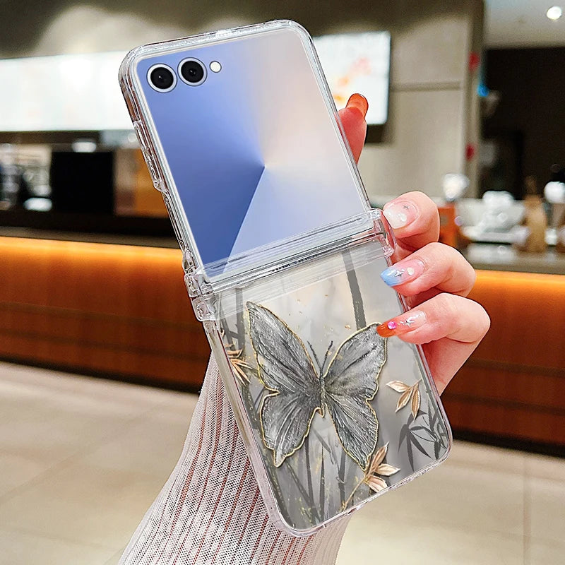 Butterfly Flowers Clear Phone Case For Samsung Galaxy Z Flip 7 FE 6 5 4 3 5G Folding Hard Cover For Samsung Z Flip5 Flip4 Flip3