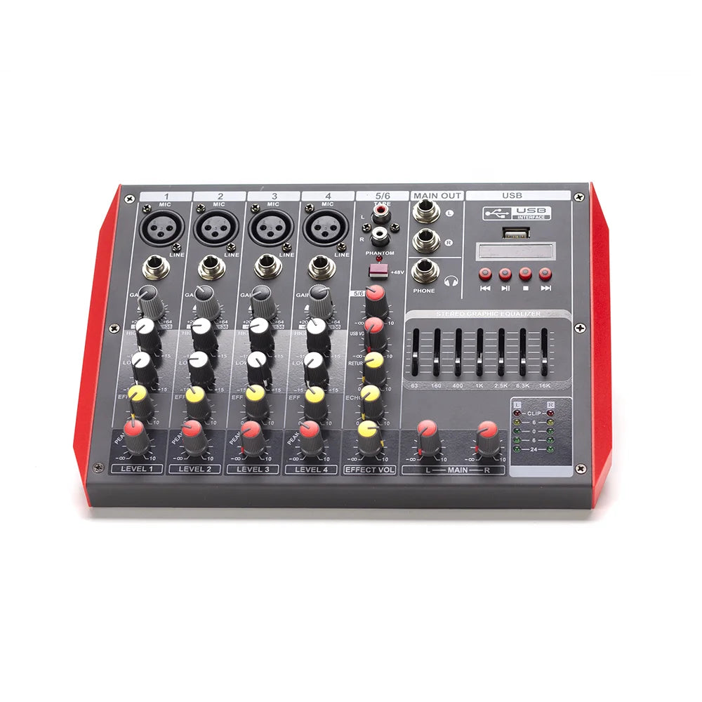 Professional Mixer 6 Channel Bt Digital Mixing Console with Reverb Effect Karaoke USB Live Interface Mixer