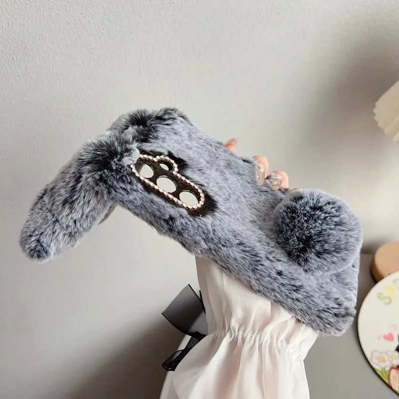 3D Plush Rabbit Case For Samsung Galaxy S25 FE Edge Slim 5G Soft Warm Fur Hair Cover