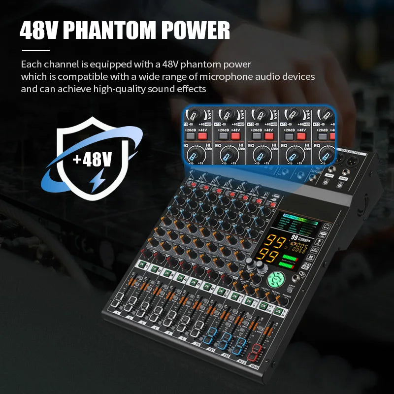 COOYINK 8 Channel Audio Mixer 2*99 DSP 3 Group Aux Send Digital Professional Console Sound Mixer Console with Bluetooth MP3 USB