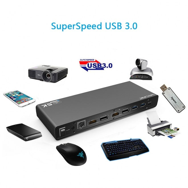 NNEDSZ USB-C Ultra 5K Laptop Docking Station with 6x USB3.0, 4K Dual Video Outputs, Gigabit Ethernet, Audio WS-UG69DK1
